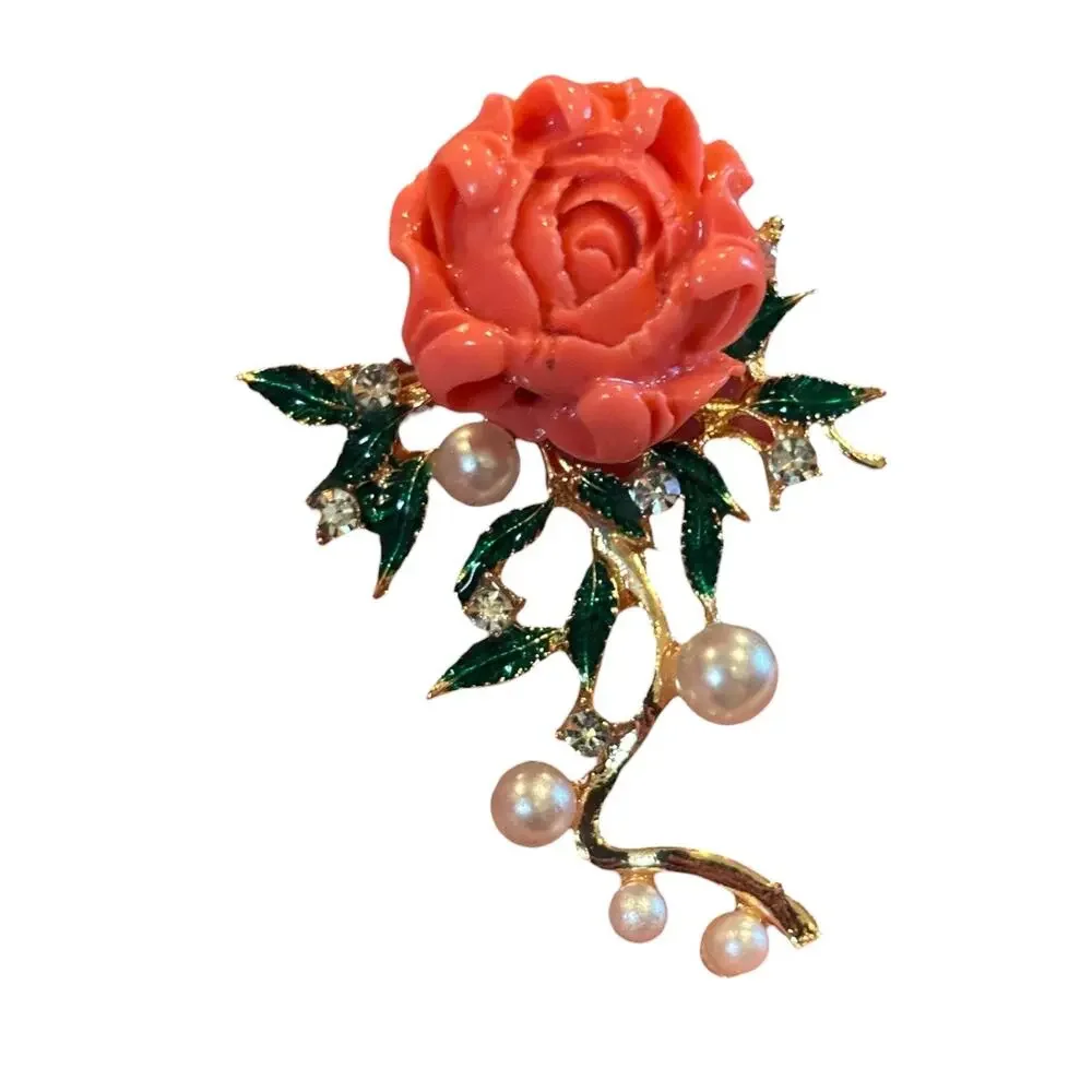 Coral Rose Brooch Pearl Rhinestone Cascade Enamel Leaves Vintage Glam